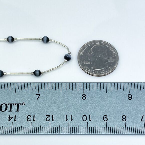 Vintage Sterling Silver 925 Green Simulated Tiger's Eye Station Necklace 16" - Picture 3 of 4